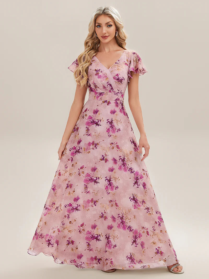 Pink floral chiffon dress for mother of the bride or wedding gust.
